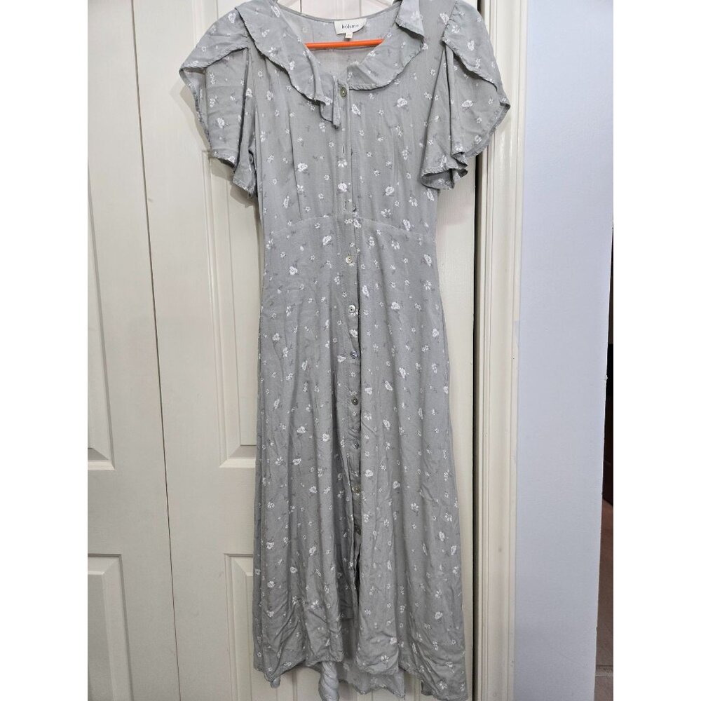 Cottagecore Böhme XS Gray Floral Button-Front Maxi Dress With Ruffled Collar